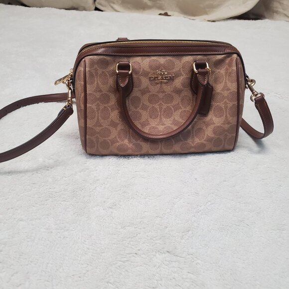 Coach Rowan Satchel Brown Cream Tan Classic Logo Canvas Shoulder Bag CV961 - Picture 2 of 14